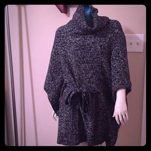 Cowl Neck Tie-Front Poncho Style Sweater